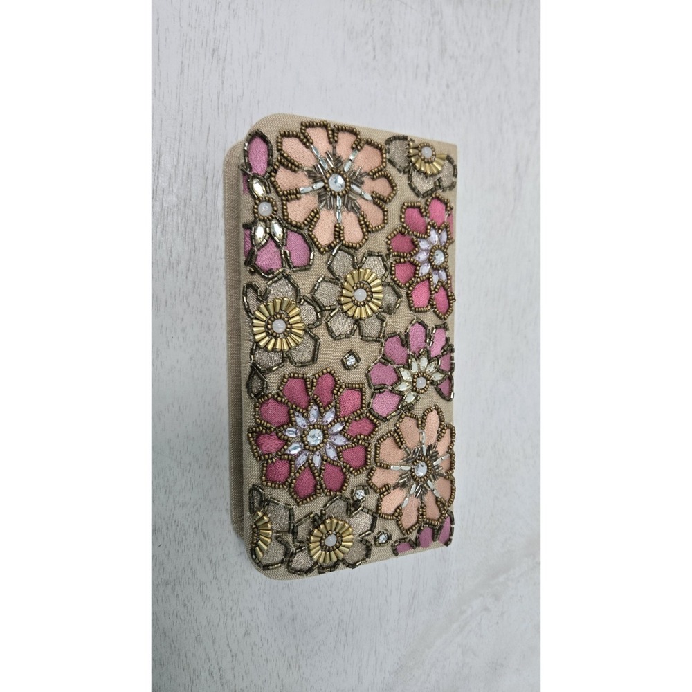 Jewelry Box With Mirror Floral Multicolor Beaded Sequins Beige Fabric